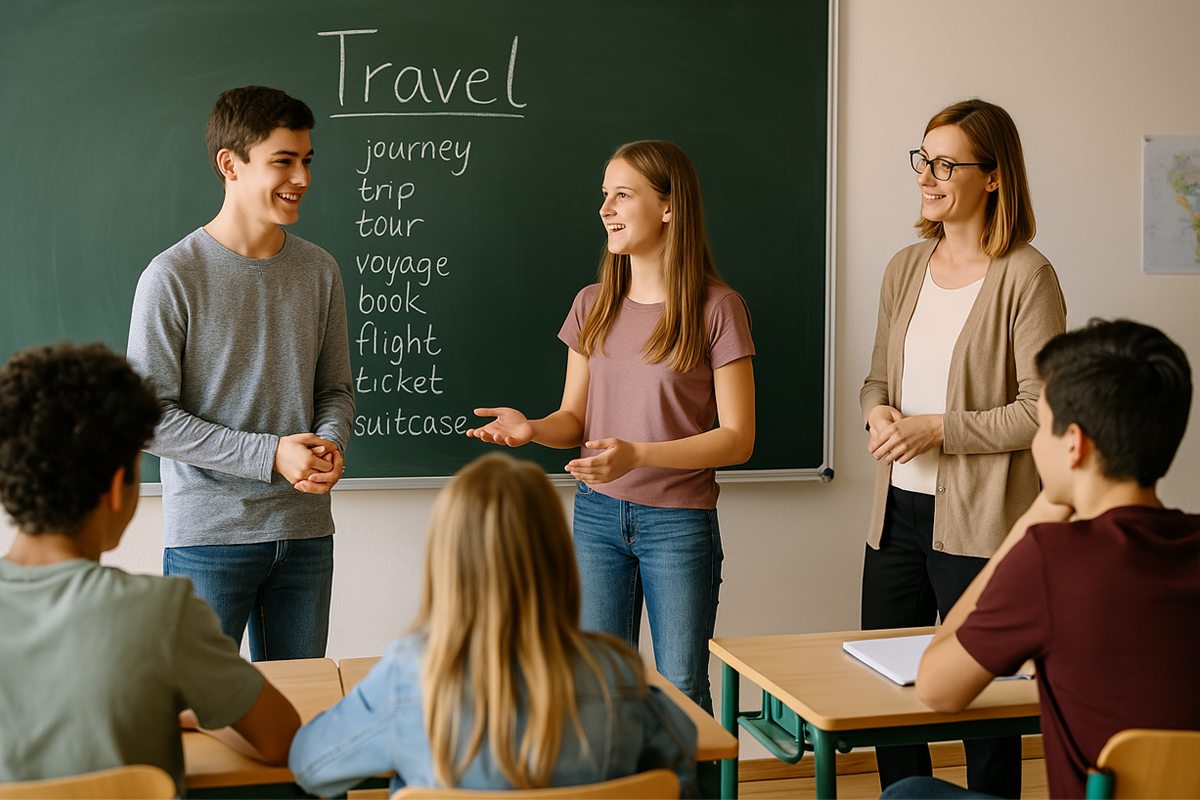 In einem Klassenraum stehen zwei Jugendliche vor der Tafel und reden. Der Junge steht links und hat kurze braune Haare und einen grauen Pullover. Das Mädchen steht rechts, hat lange braune Haare und hat ein rosa T-Shirt an. Auf der grünen Tafel stehen englische Wörter zum Thema „Travel“. Eine Lehrerin steht lächelnd daneben, mehrere Schüler sitzen an Tischen und hören zu.